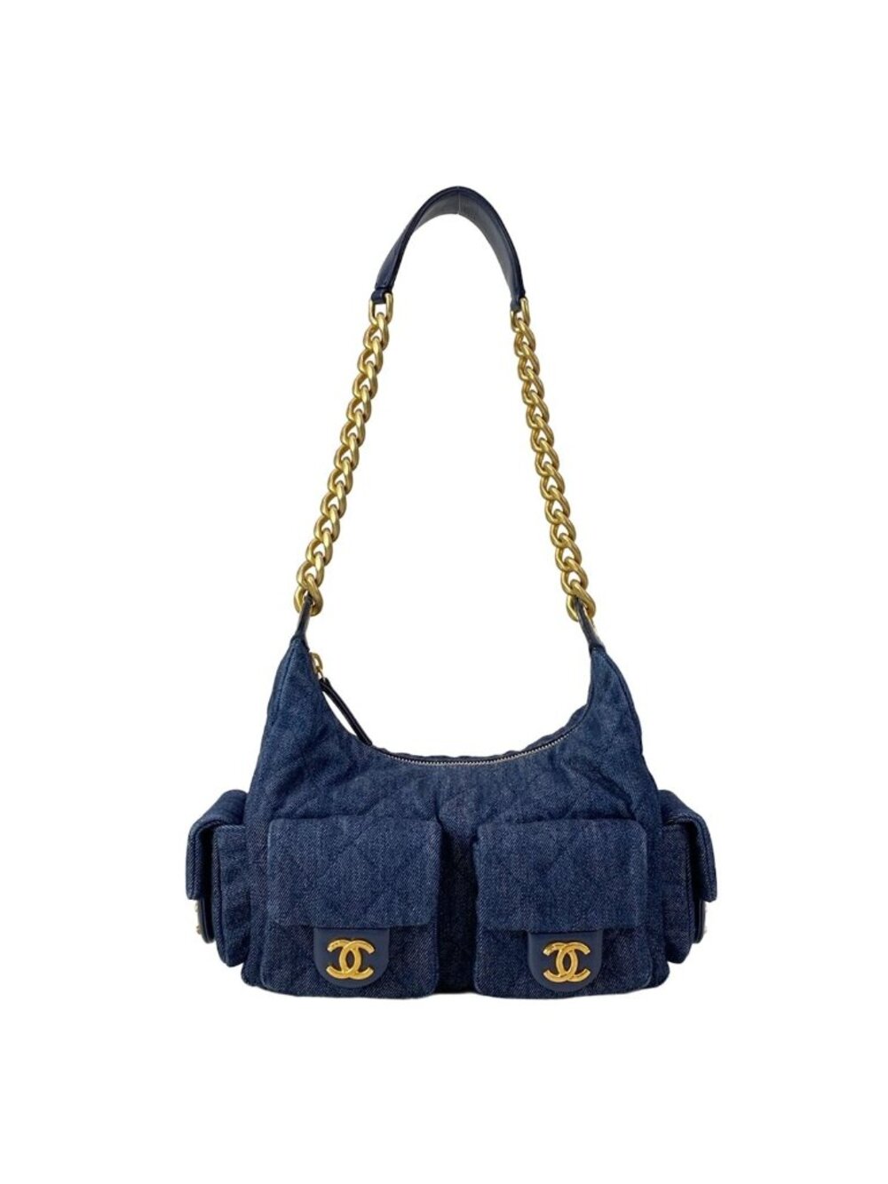 Chanel Shoulder Bag Navy Gold Washed Denim